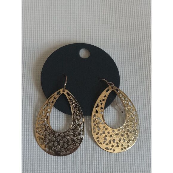 Gold Toned Lightweight Thin Metal Dotted Cutouts Dangle Style Teardrop Earrings - Picture 7 of 8